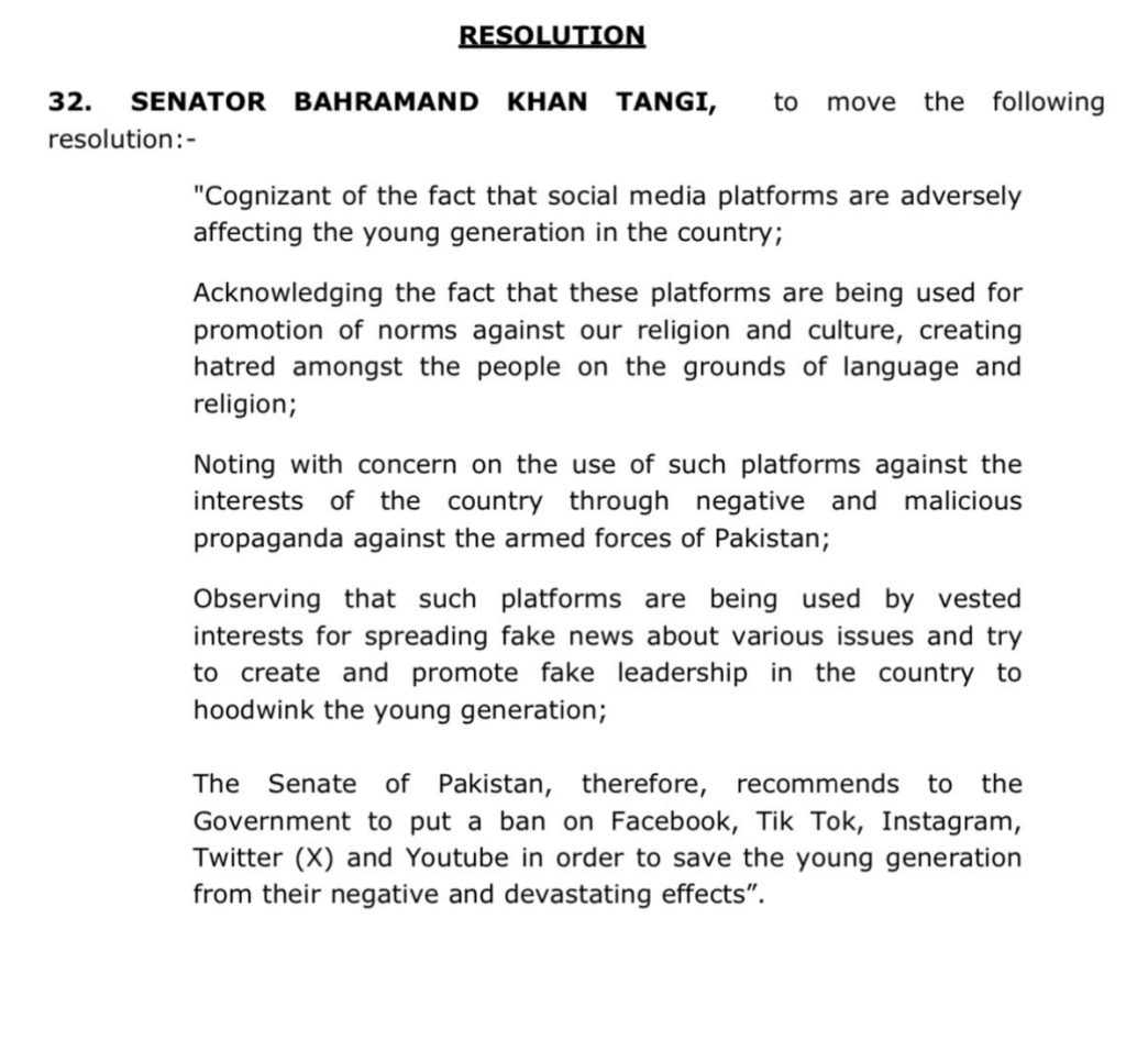 Resolution, Parliament, social media platforms, Senator Bahramand Khan Tangi, Senate, 

