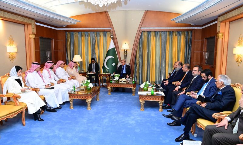 Riyadh : Saudi Minister for Industry H.E. Bandar bin Ibrahim Alkhourayef calls on Prime Minister Muhammad Shehbaz Sharif on the sidelines of a special meeting of the World Economic Forum on 28 April, 2024.
